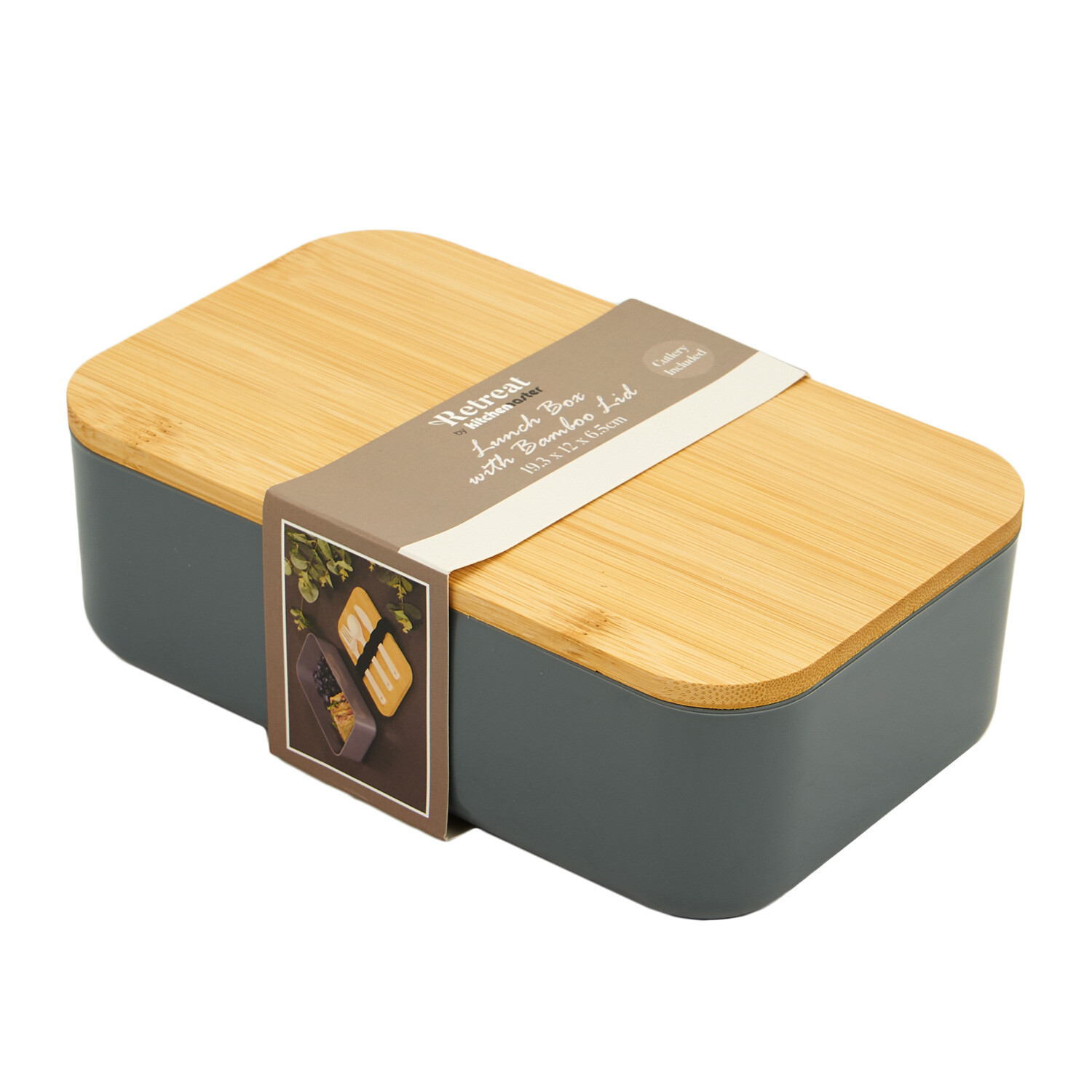 Lunch Box with Bamboo Lid and Cutlery - Grey Image 1