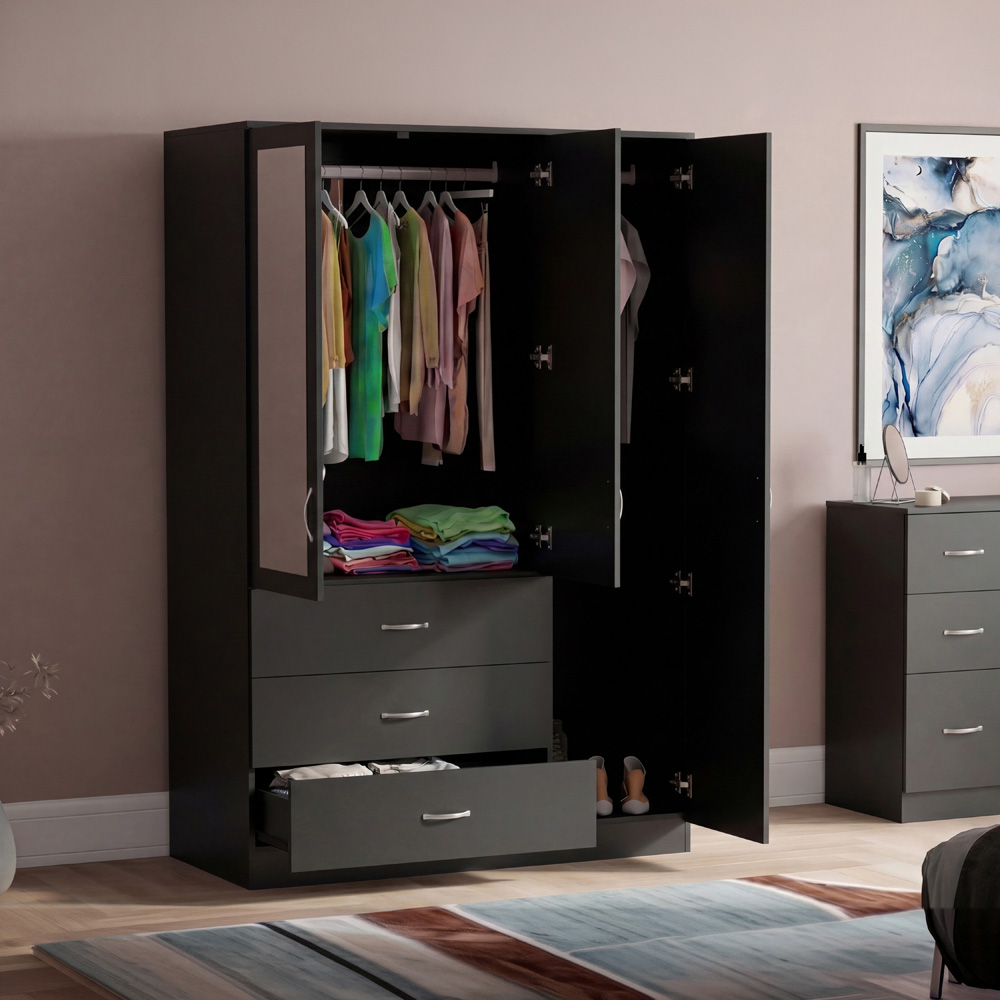 VIDA DESIGNS Riano 3 Door 3 Drawer Black Mirrored Wardrobe Image 4