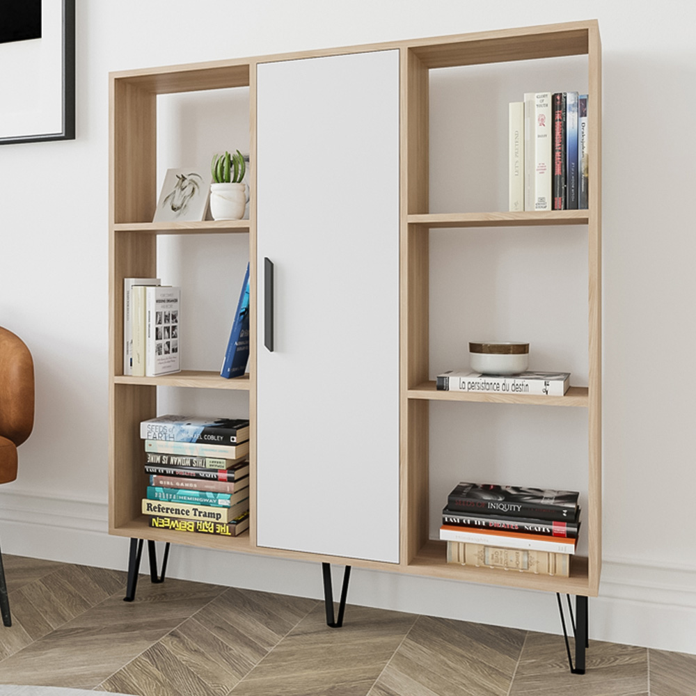 Decorotika Peoria Single Door 6 Shelf Oak and White Bookcase Image 1