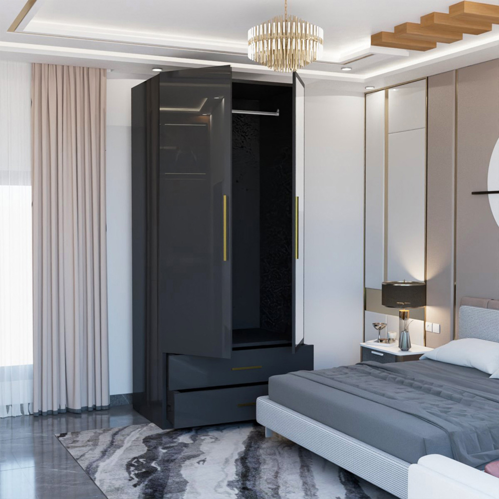 M N Furniture Glossera 2 Door 2 Drawer Black High Gloss Mirrored Wardrobe 90cm Image 3
