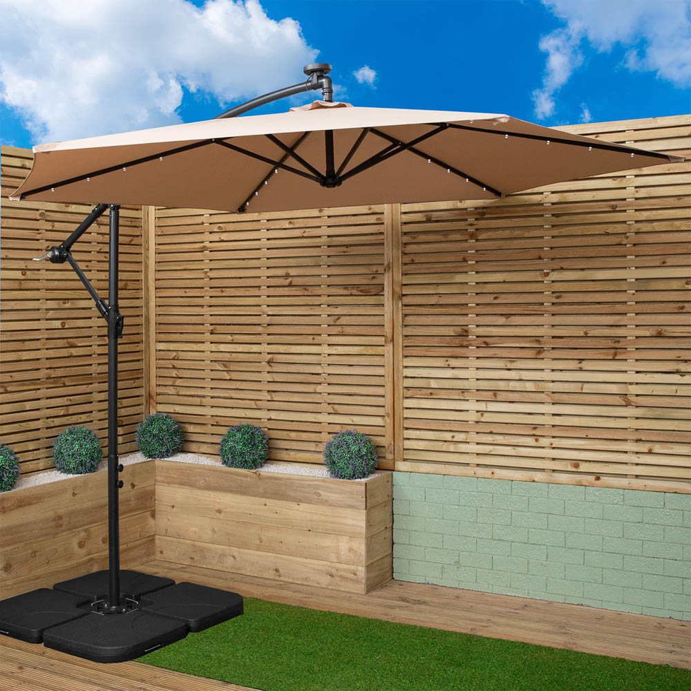 Samuel Alexander Beige Solar LED Crank Banana Hanging Parasol with Base Weights 3m Image 2