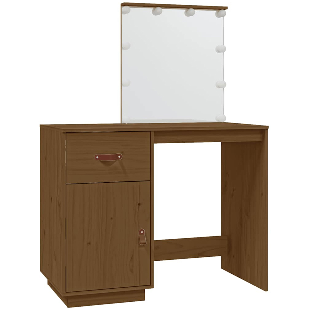 vidaXL Single Door Single Drawer Honey Brown Solid Wood Pine Dressing Table with LED Mirror Image 2