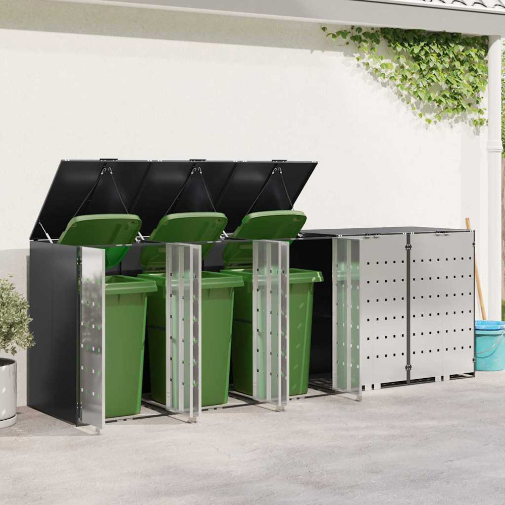 vidaXL Anthracite 5 Wheelie Bin Storage Shed with Stainless Steel Door Image 2