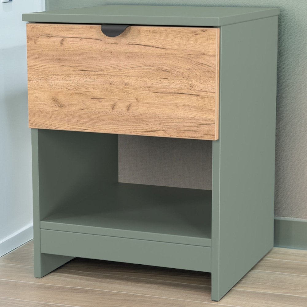 Crowndale Bora Single Drawer Single Shelf Gold Oak and Reed Green Bedside Cabinet Image 1