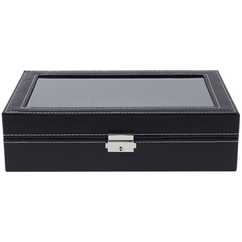 H&O Direct 12 Slot Black Watch Display Box with Glass Lid Image 1