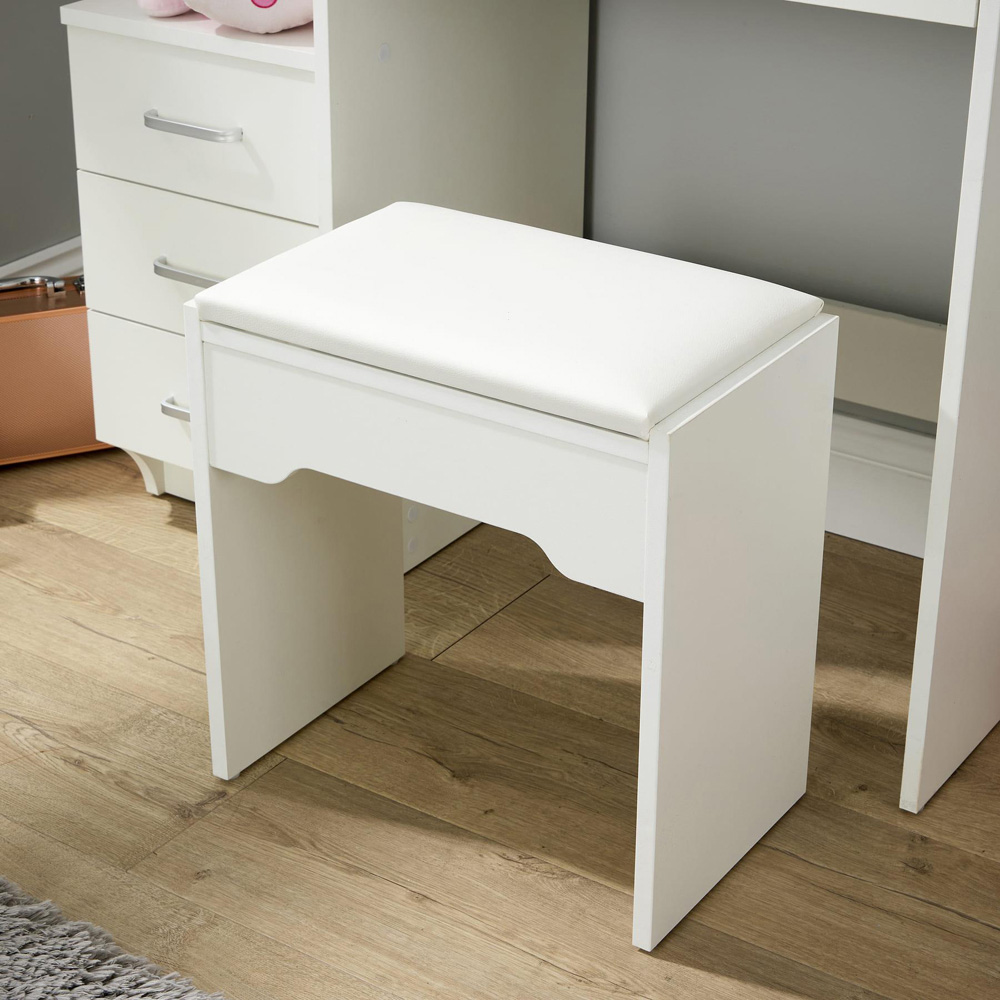 Home Source Arlo 4 Drawer 4 Shelf White Vanity Table and Cushioned Stool Set with Mirror Image 4