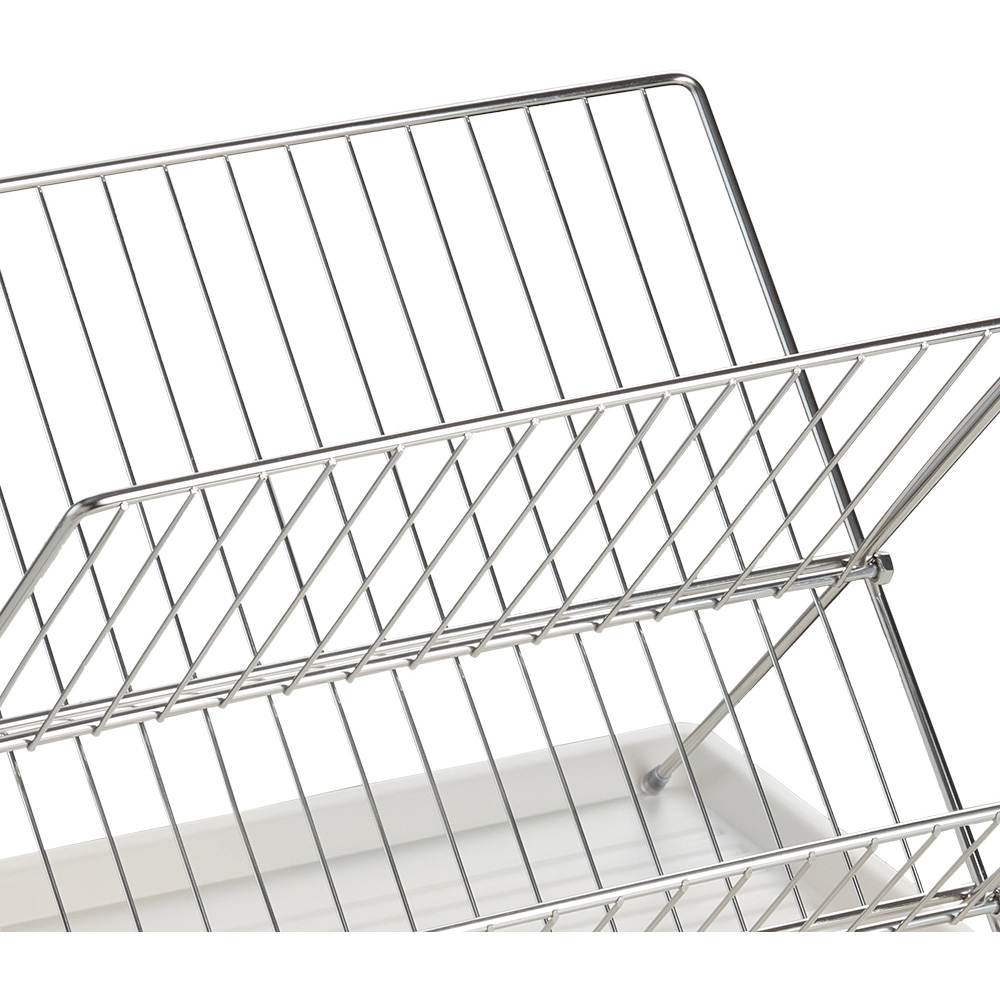 Living and Home 2 Tier Silver and White Foldable Dish Drying Rack with Drip Tray Image 6