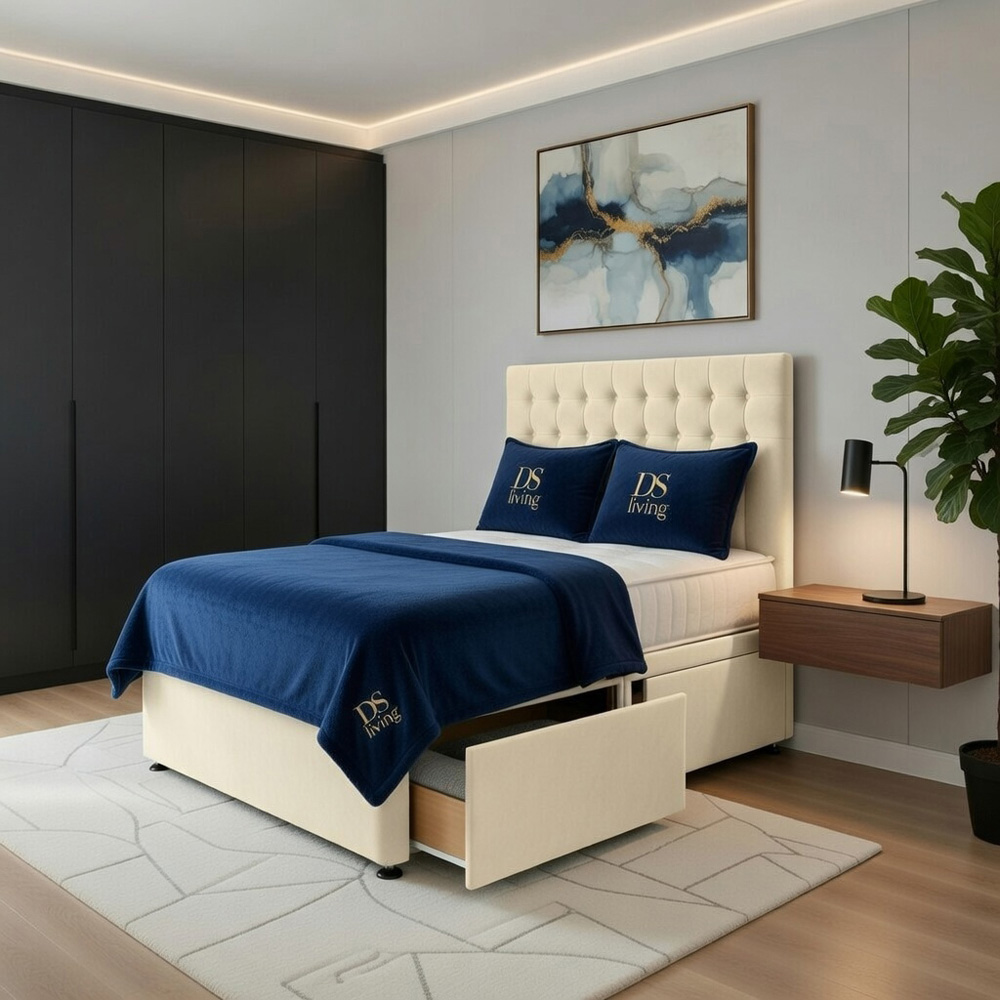 DS Living Casia Single Cream Plush Velvet Divan Bed with 2 Drawer Image 2