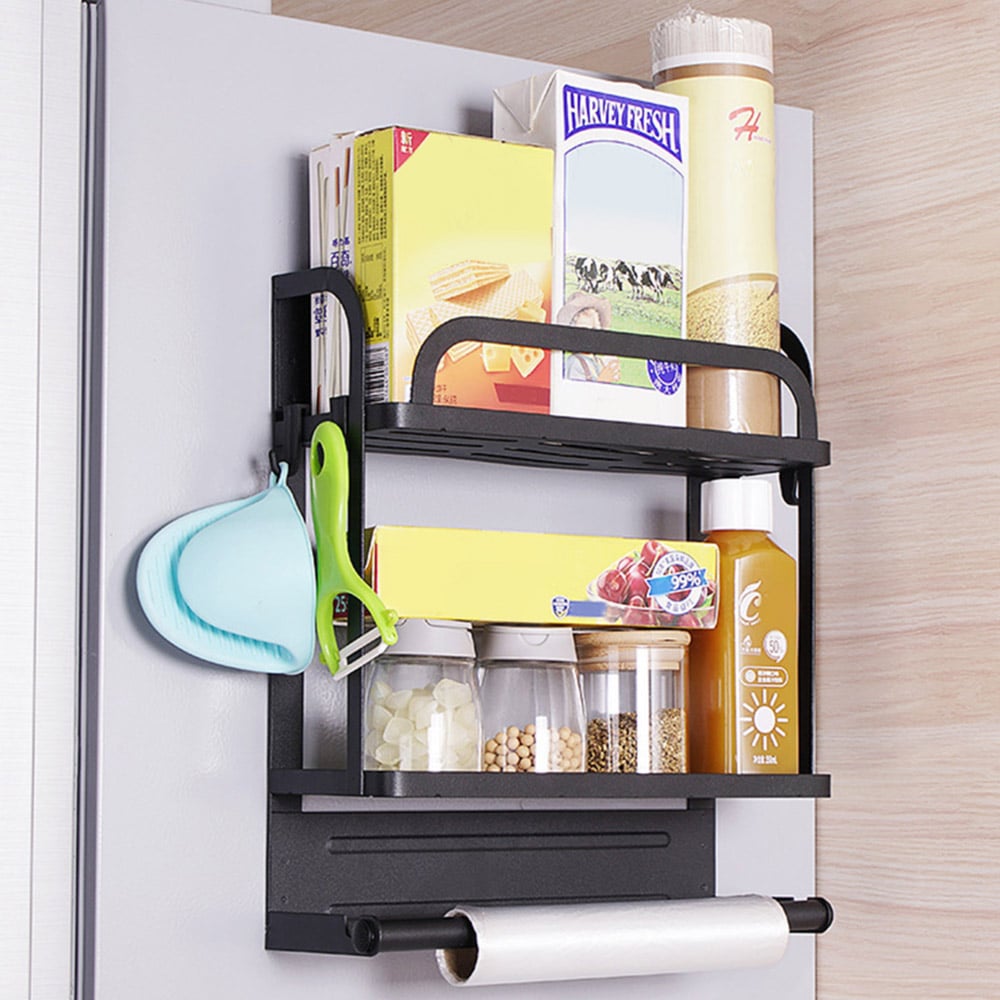 Living and Home 2-Tier Black Metal Magnetic Floating Shelf for Fridges Image 2