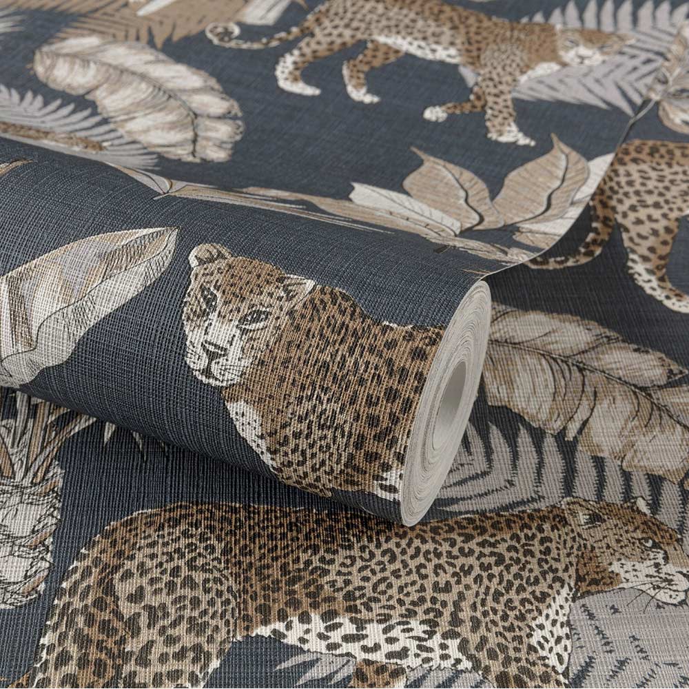 Grandeco Leopard Jungle Palm Linen Navy Textured Wallpaper Image 2