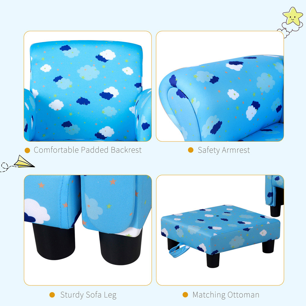 HOMCOM Kids Single Seat Cloud and Star Design Blue Sofa with Footrest Image 4