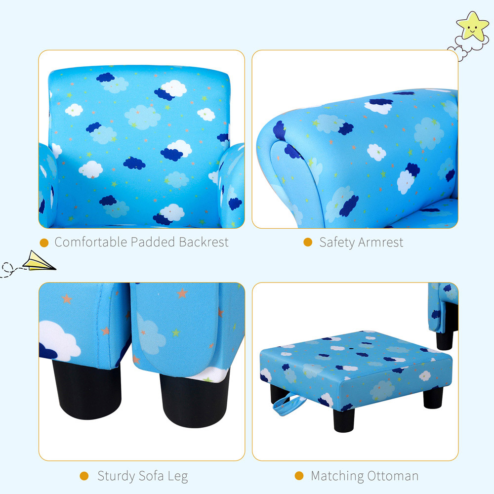Portland Kids Single Seat Cloud and Star Design Blue Sofa with Footrest Image 4