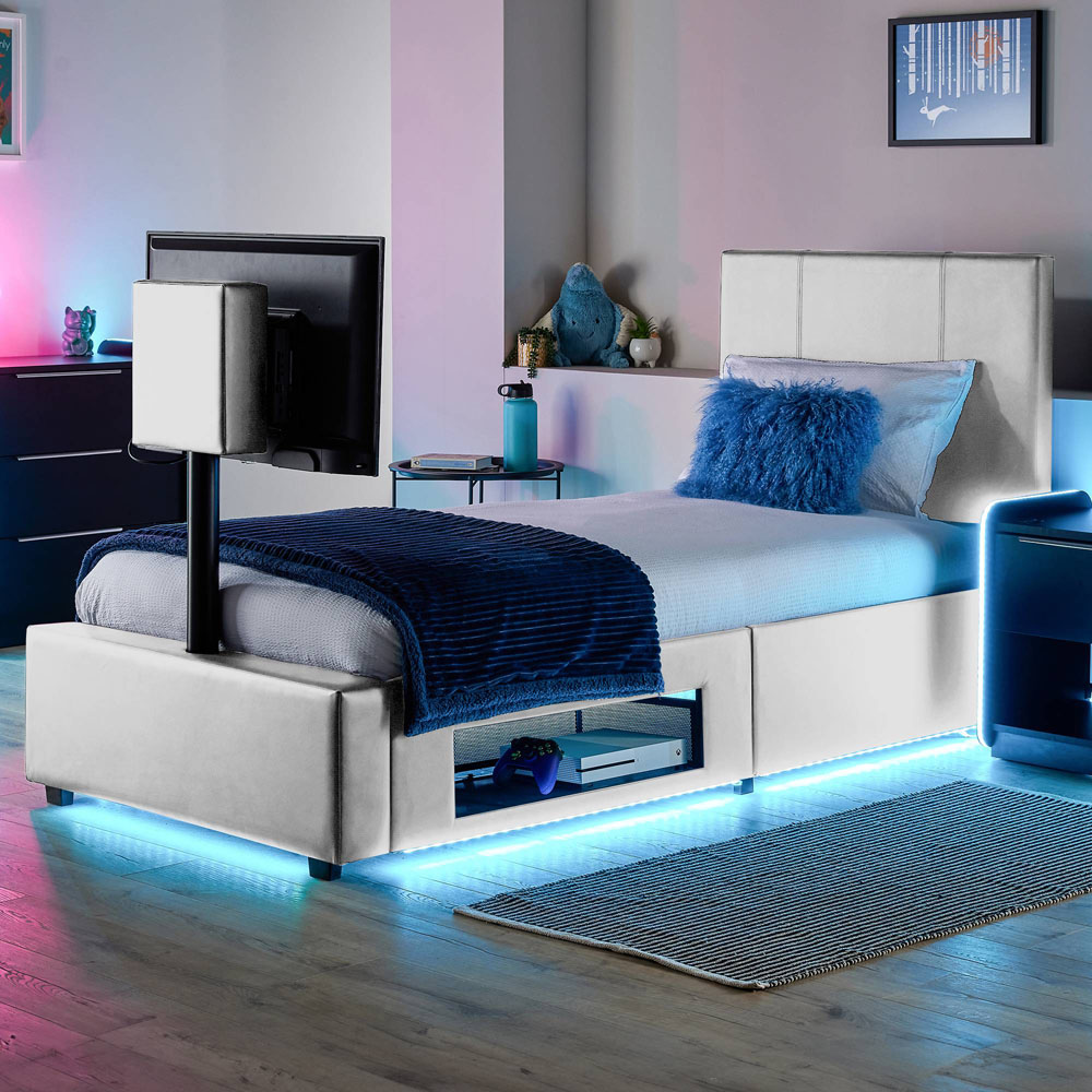 XR Living Ava Single White PU Upholstered TV Bed with Underbed Lights Image 1