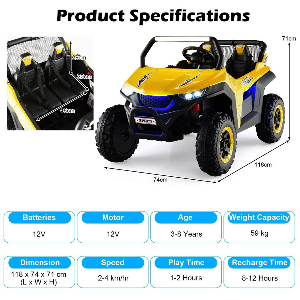 Costway Yellow 2 Seater Battery Powered Electric Kids Ride on UTV Car Image 9