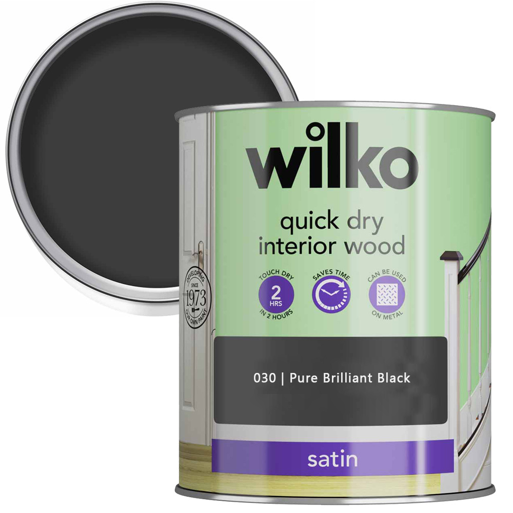 Wilko Quick Dry Interior Wood Pure Brilliant Black Satin Paint 750ml Image 1