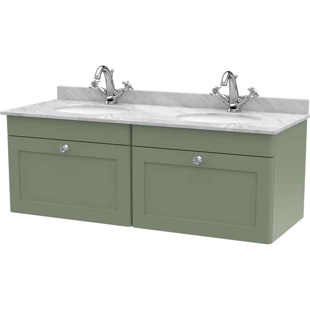 nuie Classique 2 Drawer Satin Green and Grey Wall Hung Unit and 1 Tap Hole Marble Basin 1200mm Image 1