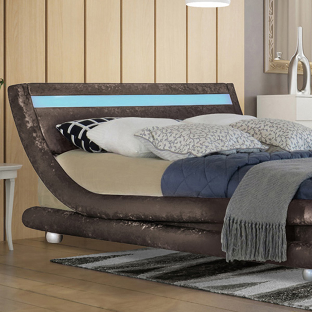 Brooklyn Modern Curved Double Brown Crushed Velvet Bed Frame with LED Image 2