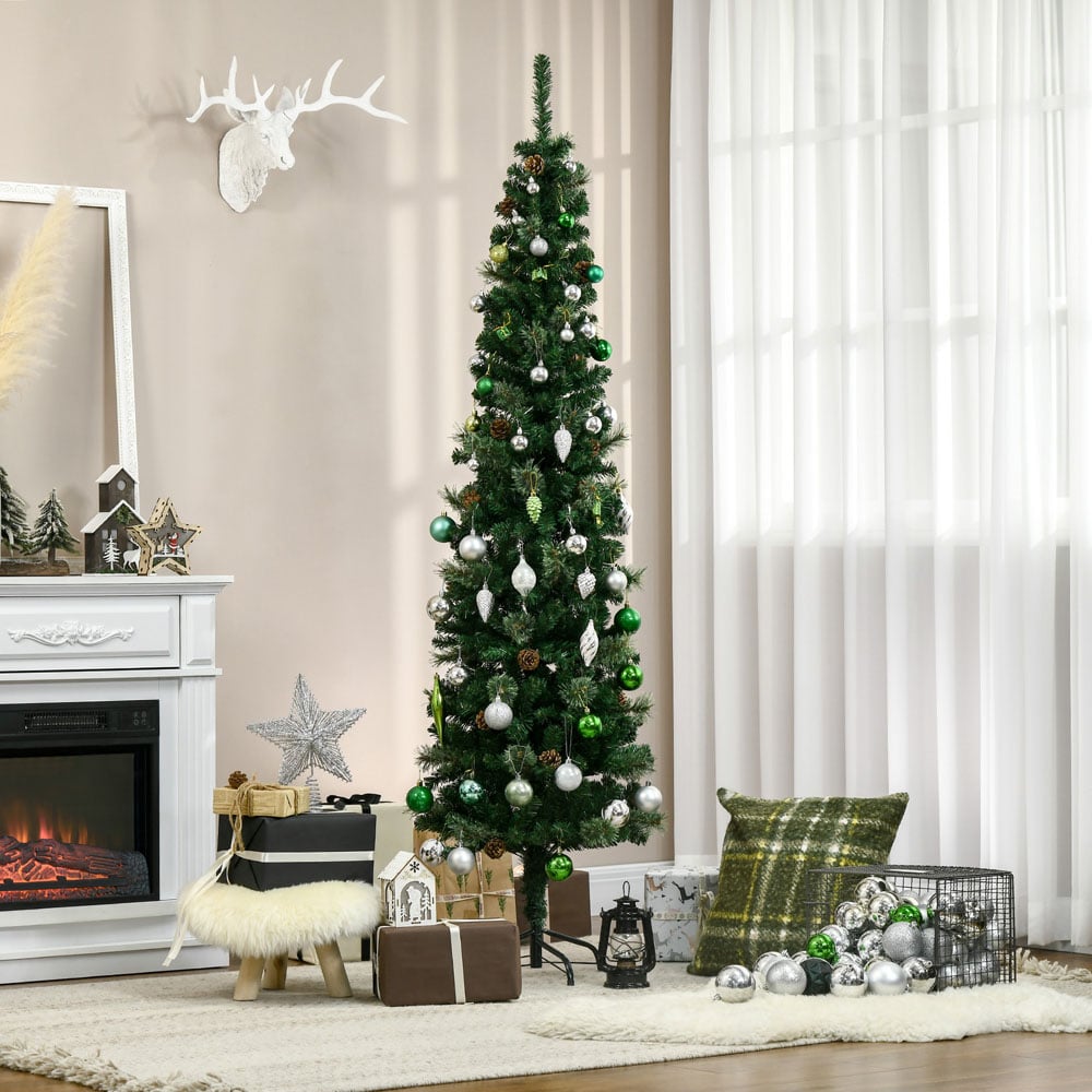 Everglow Pencil Slim Green Artificial Christmas Tree with Pine Cones 6.5ft Image 2