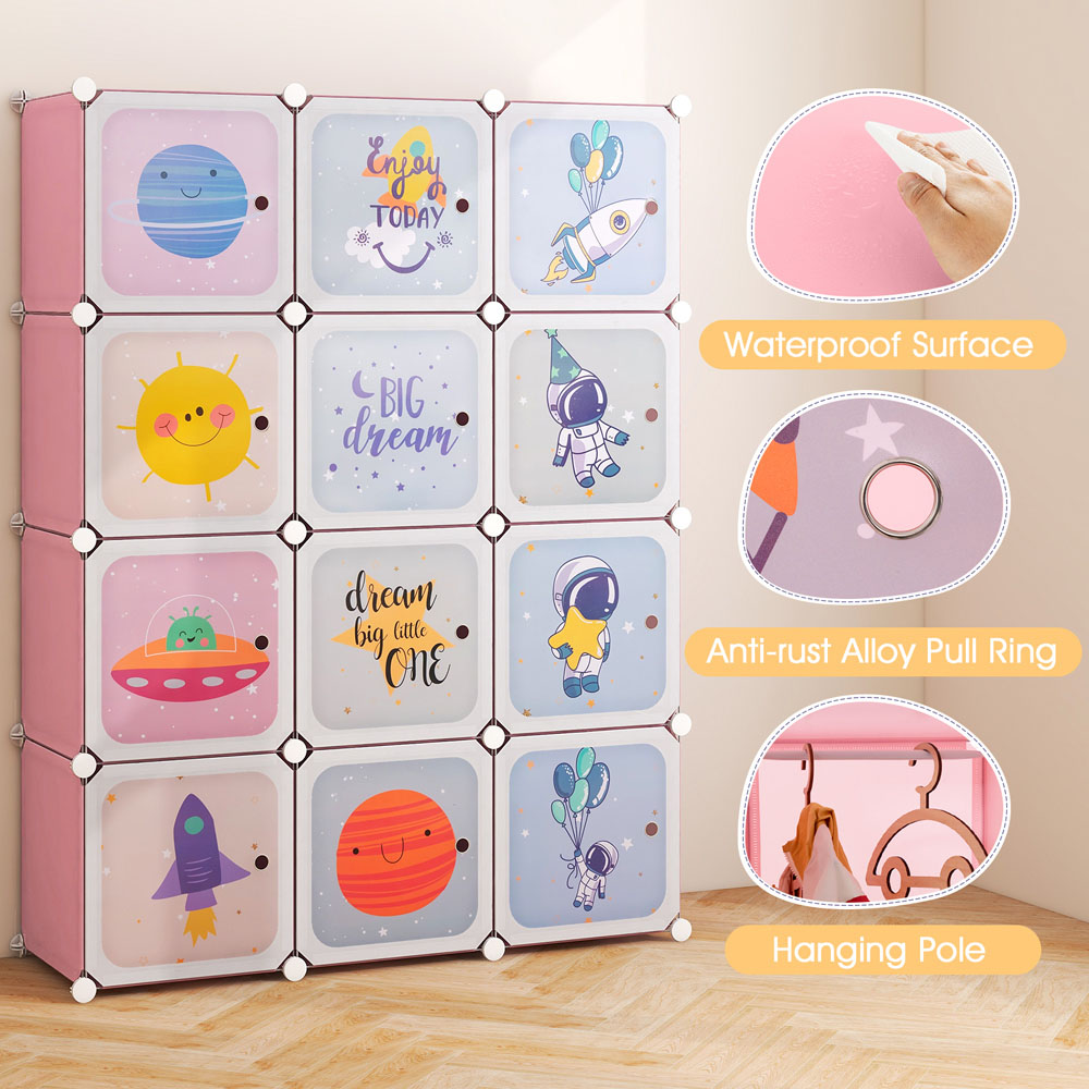 Costway 12 Cube Pink Portable Kids Wardrobe with Hanging Section Image 5