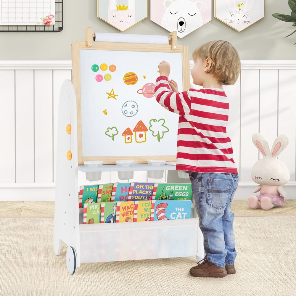 Costway Natural 4-in-1 Toddler Activity Table Set with Magnetic Whiteboard and Bookshelf Image 2