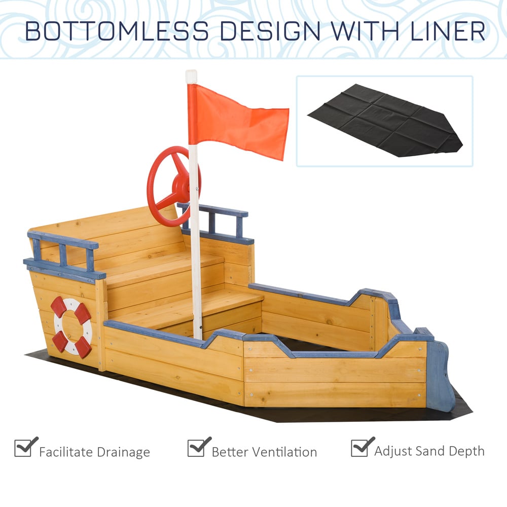 Outsunny Kids Wooden Pirate Ship Sandbox Image 6