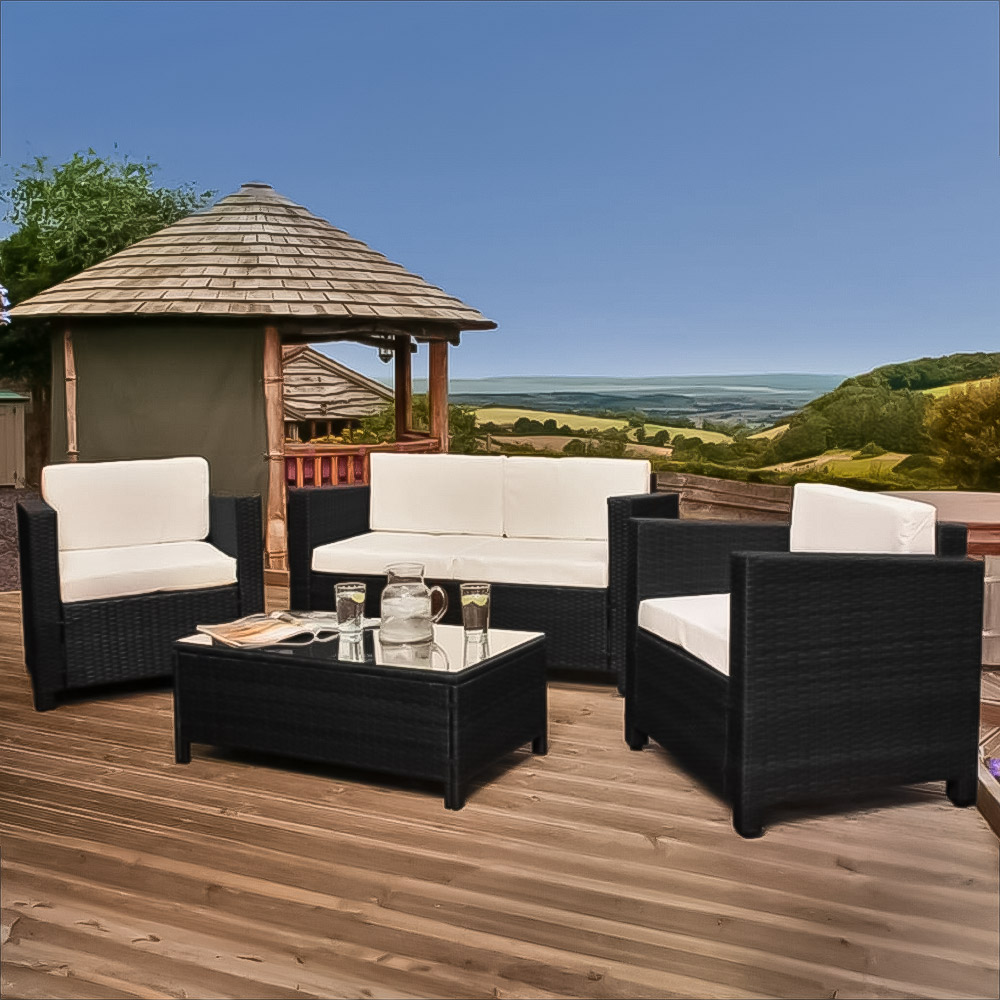 Brooklyn 4 Seater Black Rattan Sofa Chair and Table Set with Back Pads Image 1