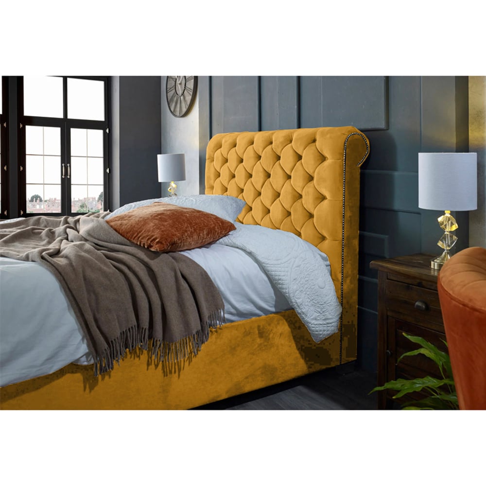 Eleganza Home Veneta King Size Mustard Plush Velvet Bed Frame with Chesterfield Headboard Image 2