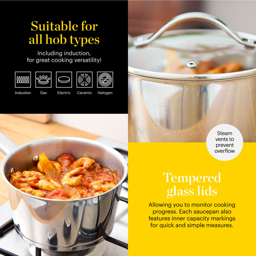 Good Food Stainless Steel Saucepan Set 3 Piece with Tempered Glass Lid Image 4