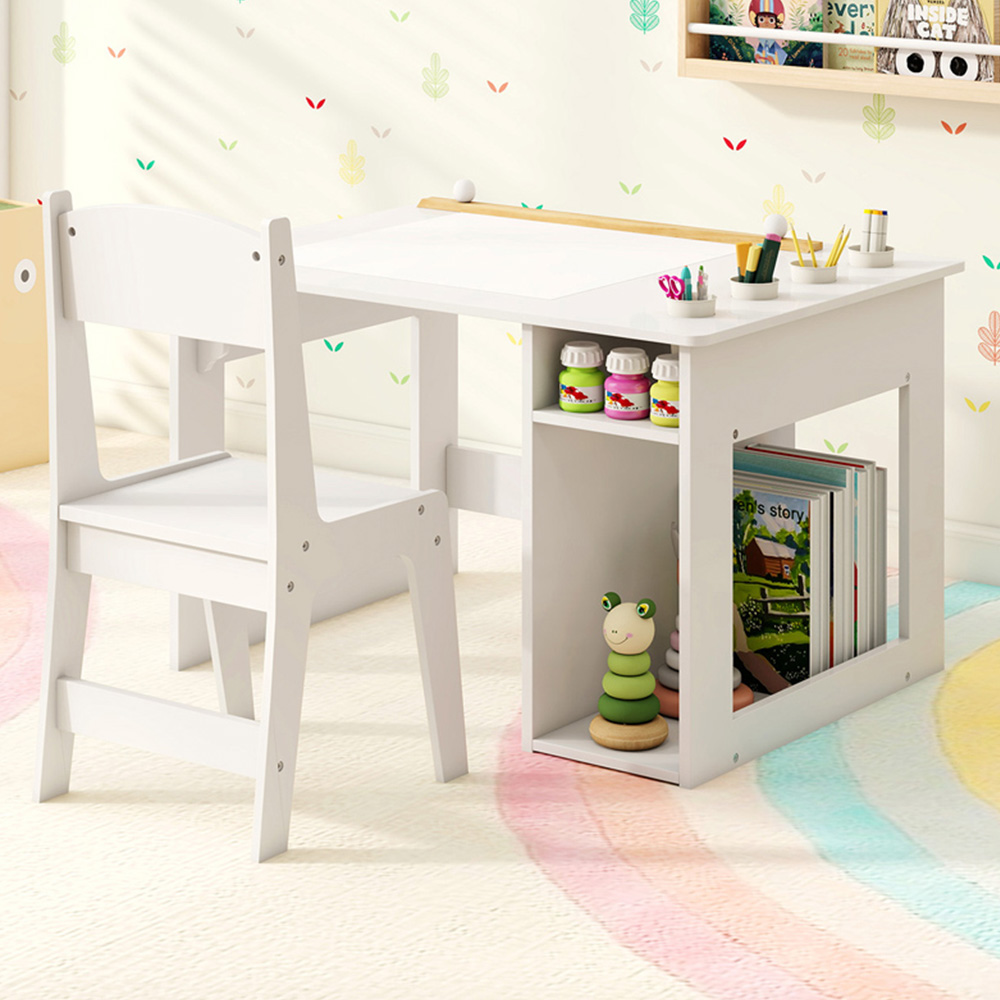 Costway 2 Shelf White Toddler Drawing Desk with Paper Roll and 4 Paint Cups Image 1