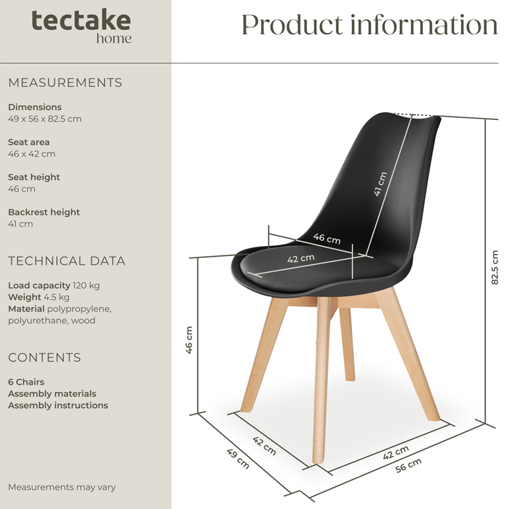tectake Frederikke Set of 6 Black Padded Dining Chair with Wooden Legs Image 9