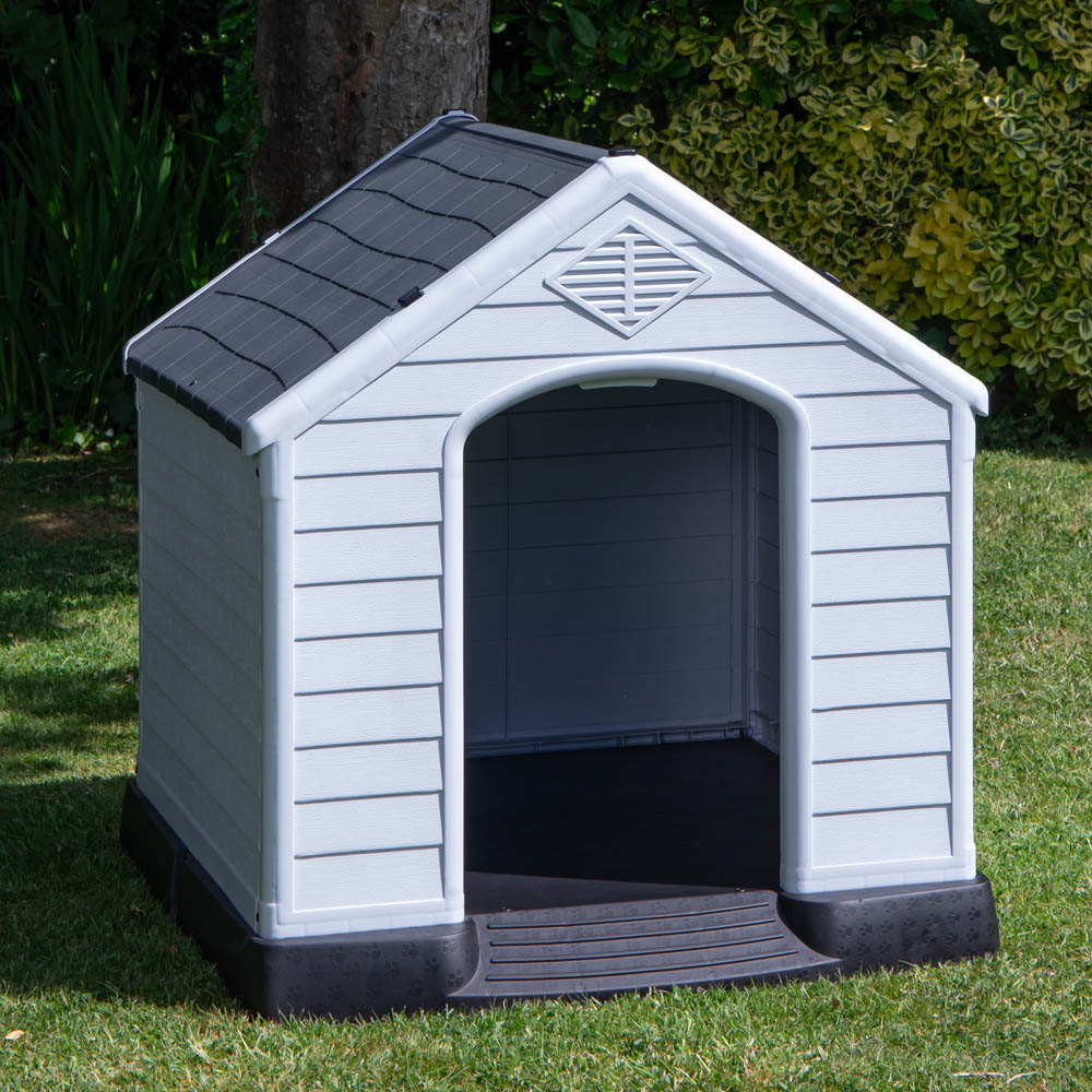 Samuel Alexander Small Grey Outdoor Plastic Dog House with Raised Bed 82 x 76cm Image 2