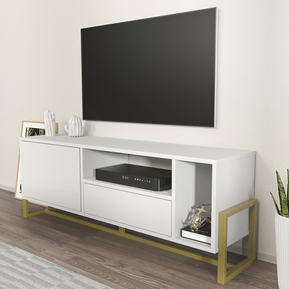 Decorotika Utopie Single Drawer Single Door 2 Shelf White TV Unit Image 1