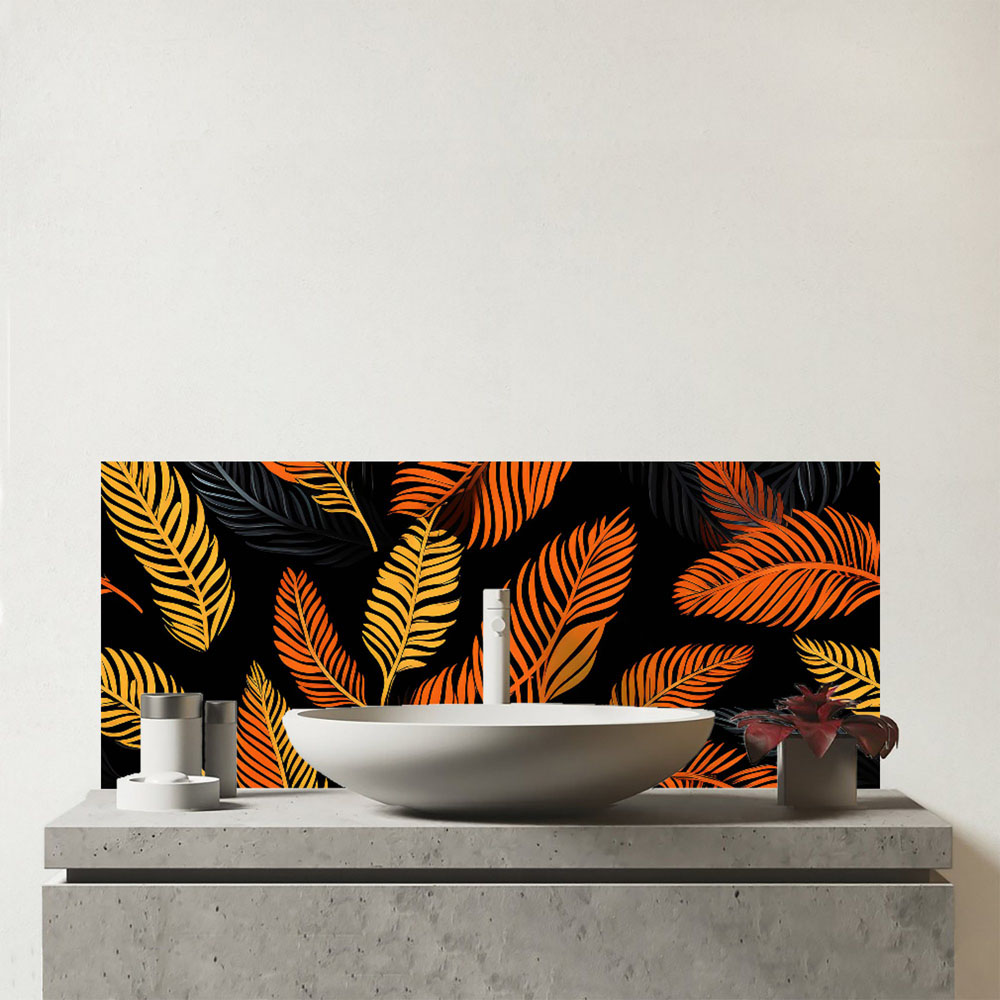 Warren Reed Designer Orange Feather Leaves Glass Bathroom Splashback 25 x 60cm Image 1