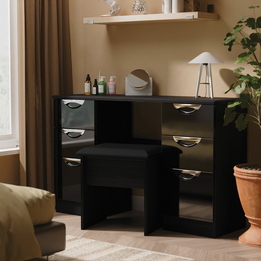 Crowndale Camden 6 Drawer Black Gloss and Black Kneehole Desk Ready Assembled Image 6