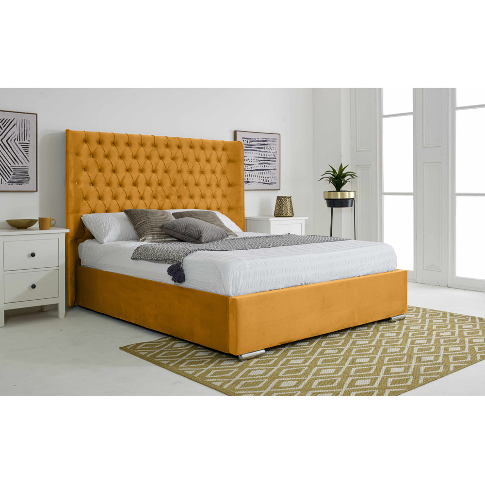 Eleganza Home Woodlake Small Double Mustard Plush Velvet Bed Frame with Chesterfield Headboard Image 3