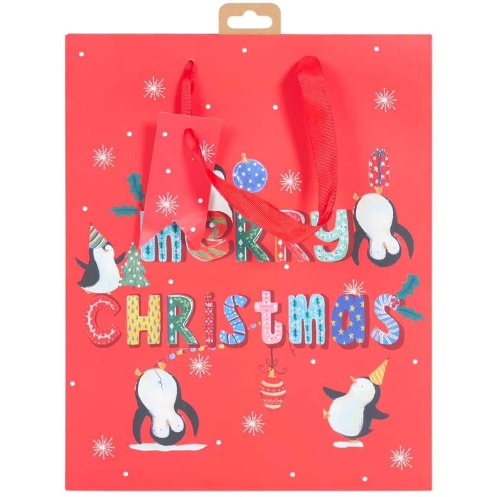 Festive Penguins Gift Bag Red Tall Image 1
