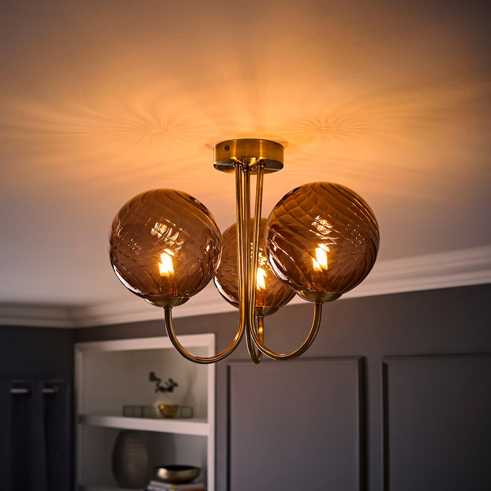ValueLights Sydney Brushed Brass 3-Arm Chandelier with Glass Shade and Bulb Image 2