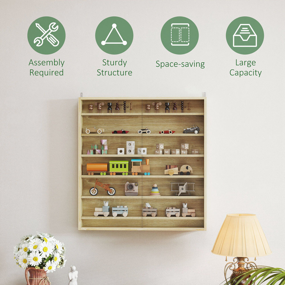 HOMCOM 7-Tier Glass Doors Oak Wall Display Cabinet Image 6