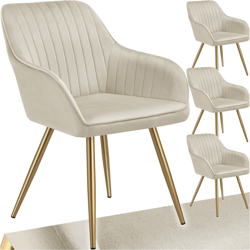 tectake Marilyn Set of 4 Cream Gold Quilted Velvet Dining Chair Image 2