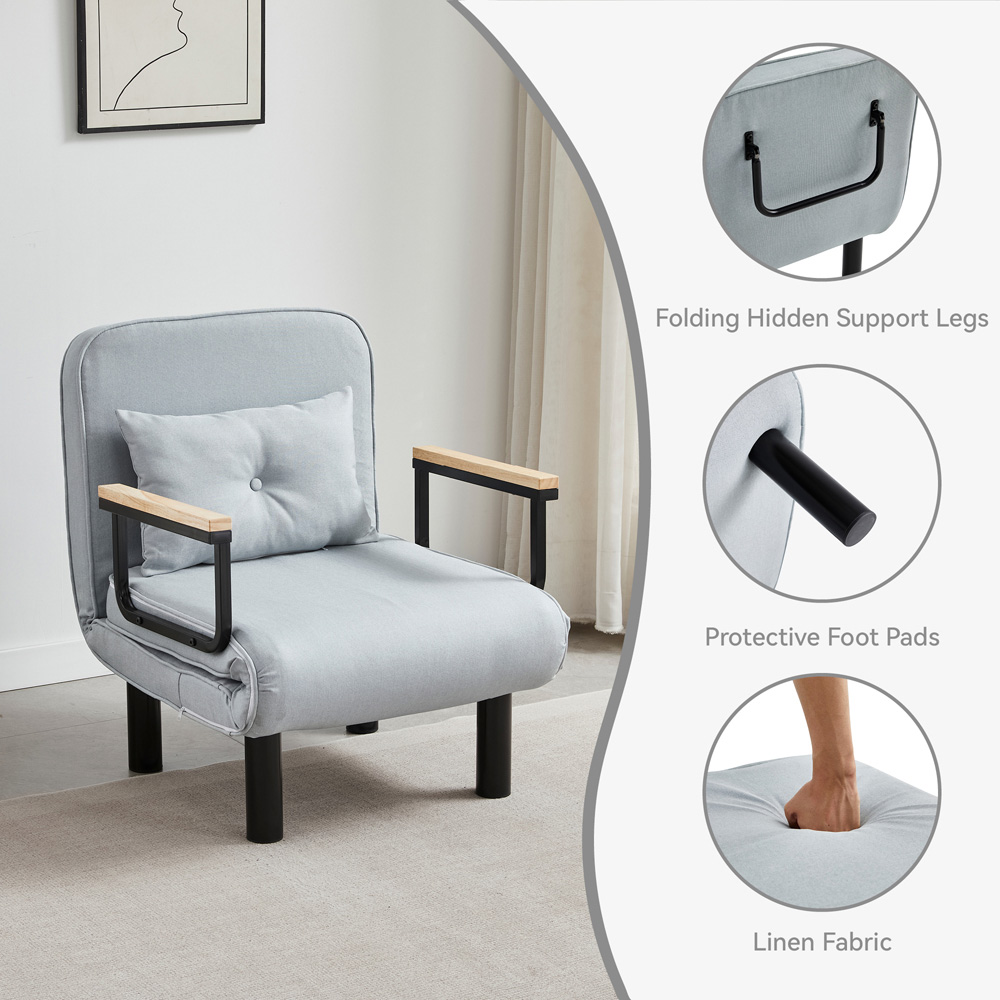 Single Seater Light Grey 4-in-1 Foldable Sofa Bed with Adjustable Backrest and Large Cushion Image 4