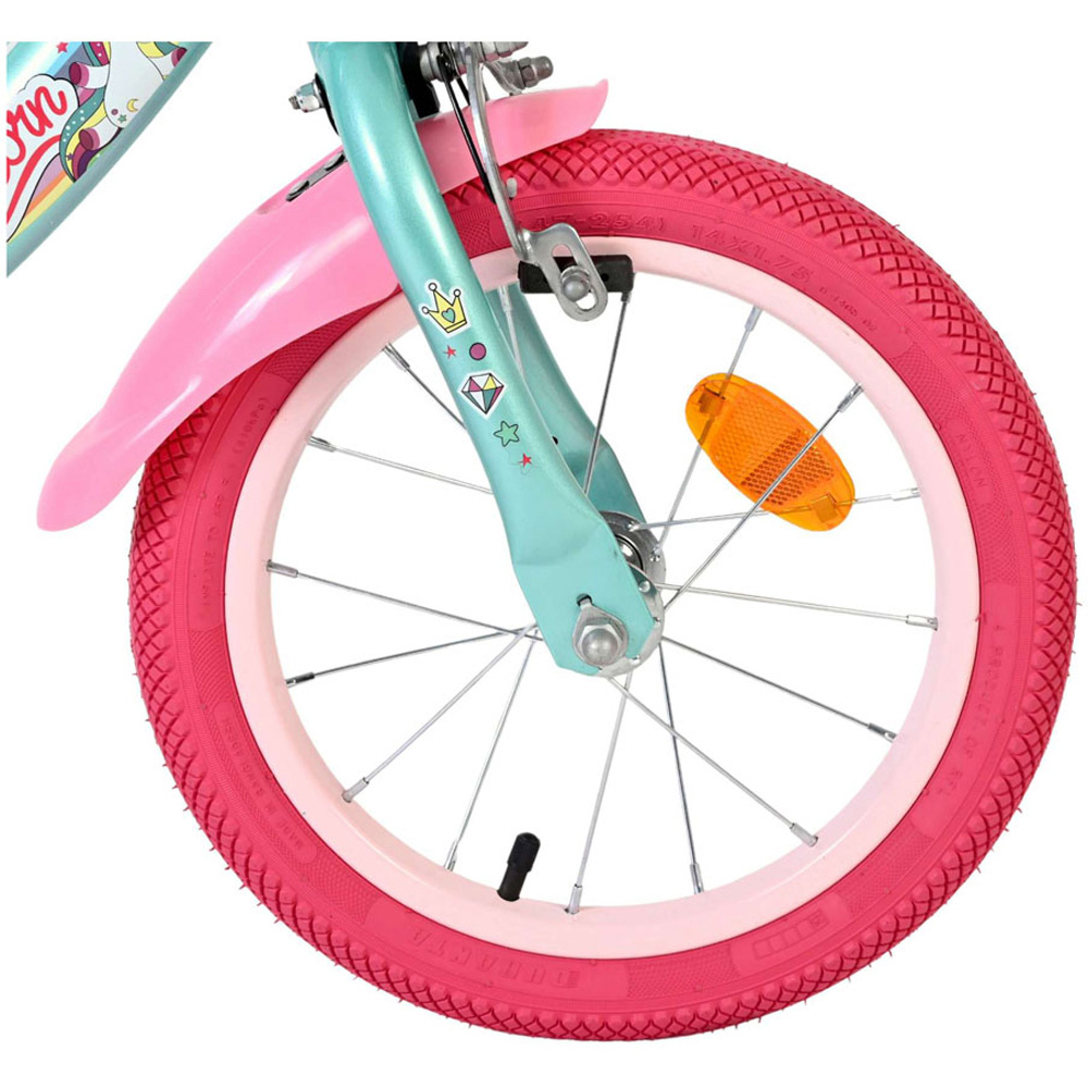 Volare Unicorn Kids 14 inch Green and Pink Bike with Stabilisers Doll Seat and Basket Image 7