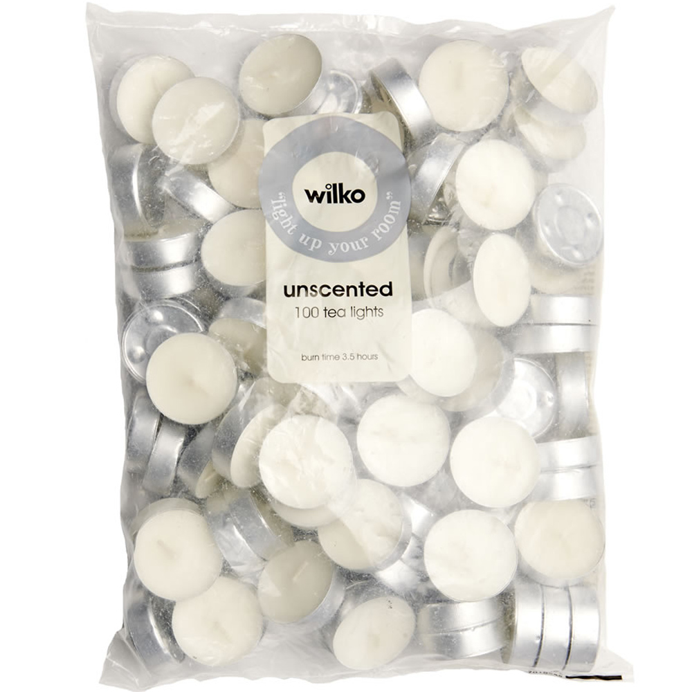 Wilko White Unscented Tealights 100 pack Image 1