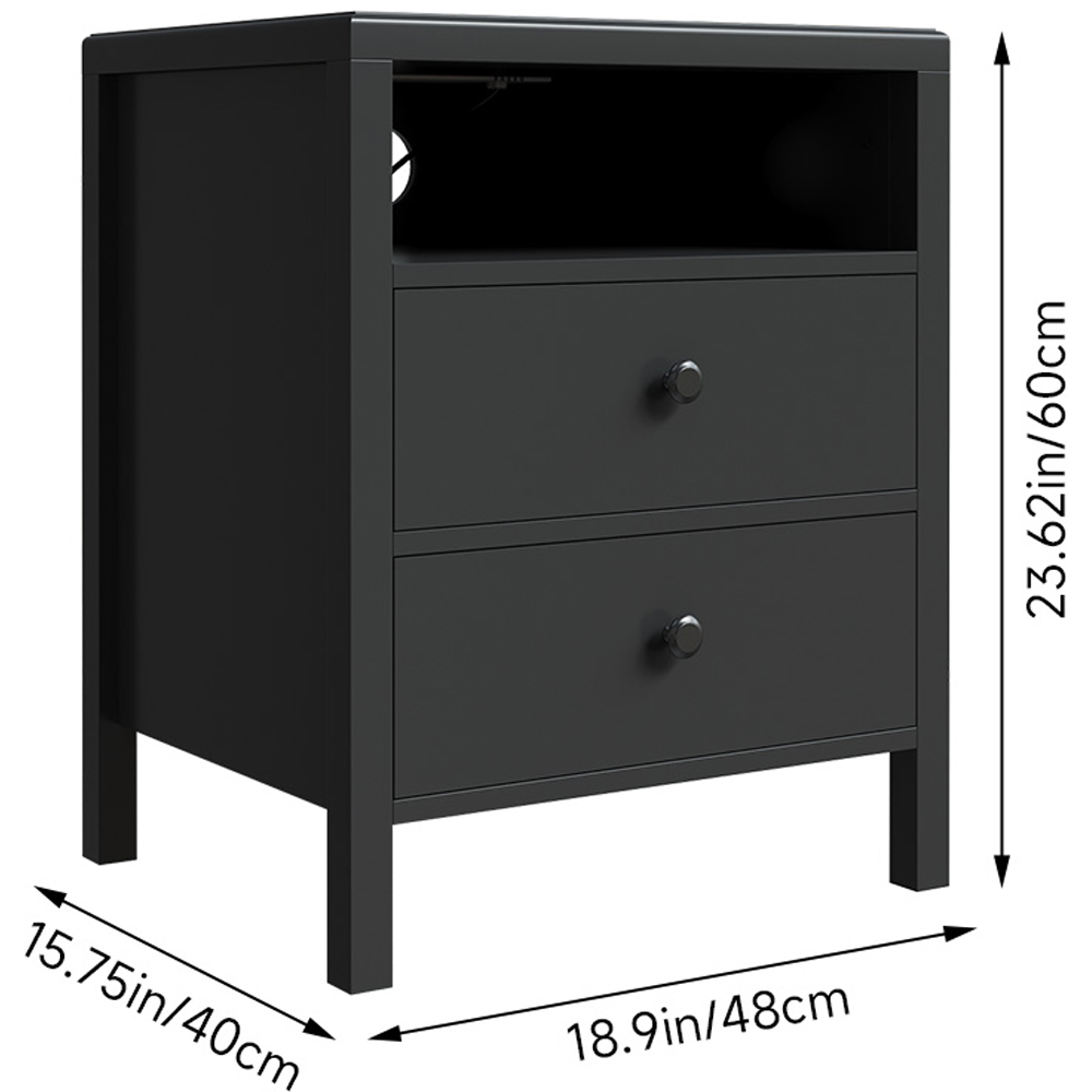 Living and Home 2 Drawer Single Shelf Black Modern Bedside Table with Power Strip Set of 2 Image 9