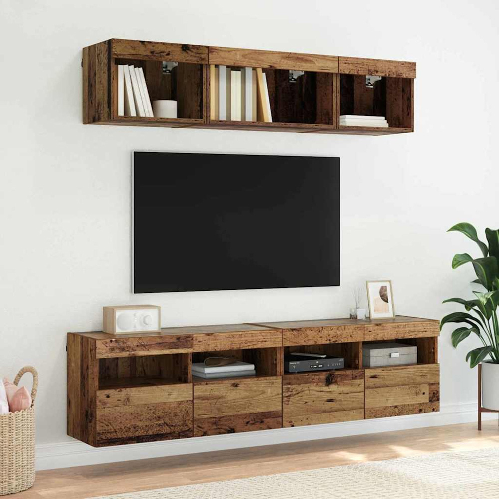 vidaXL 2 Door 2 Shelf Old Wood Wall Mounted TV Cabinet with LED Light Image 6