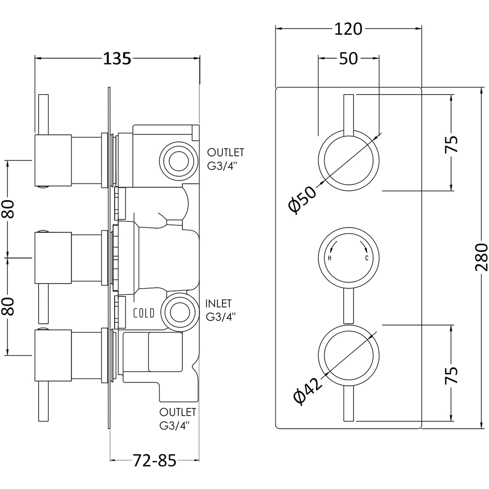 nuie Chrome Triple Thermostatic Shower Valve with Diverter Image 4