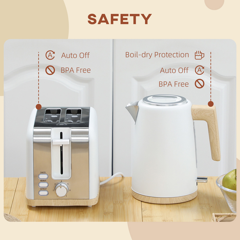 HOMCOM 800-234V70WT White 1.7L Electric Fast Boil Kettle and 2 Slice Toaster Set Image 7