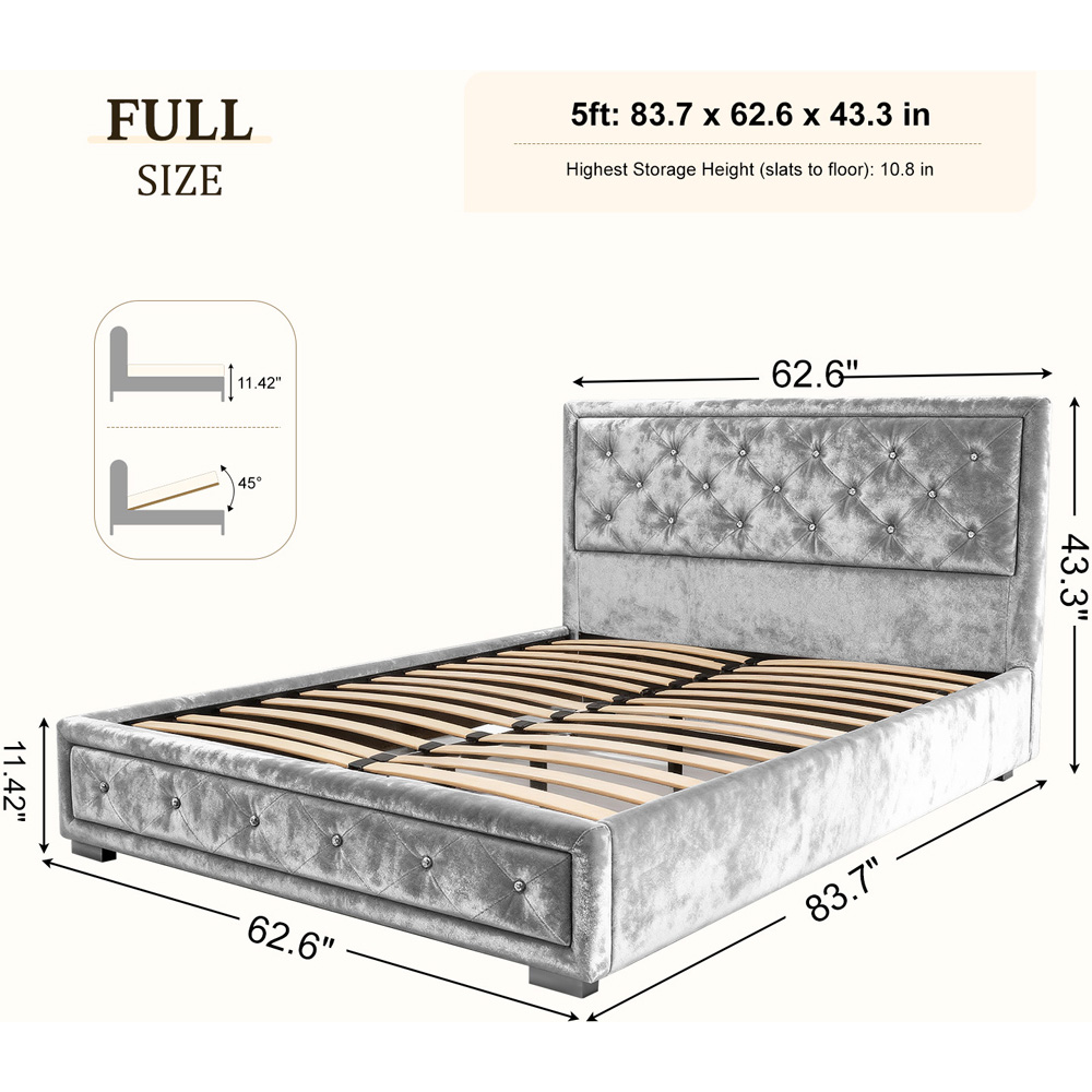 Brooklyn King Size Grey Crushed Velvet Diamante Ottoman Bed Image 8