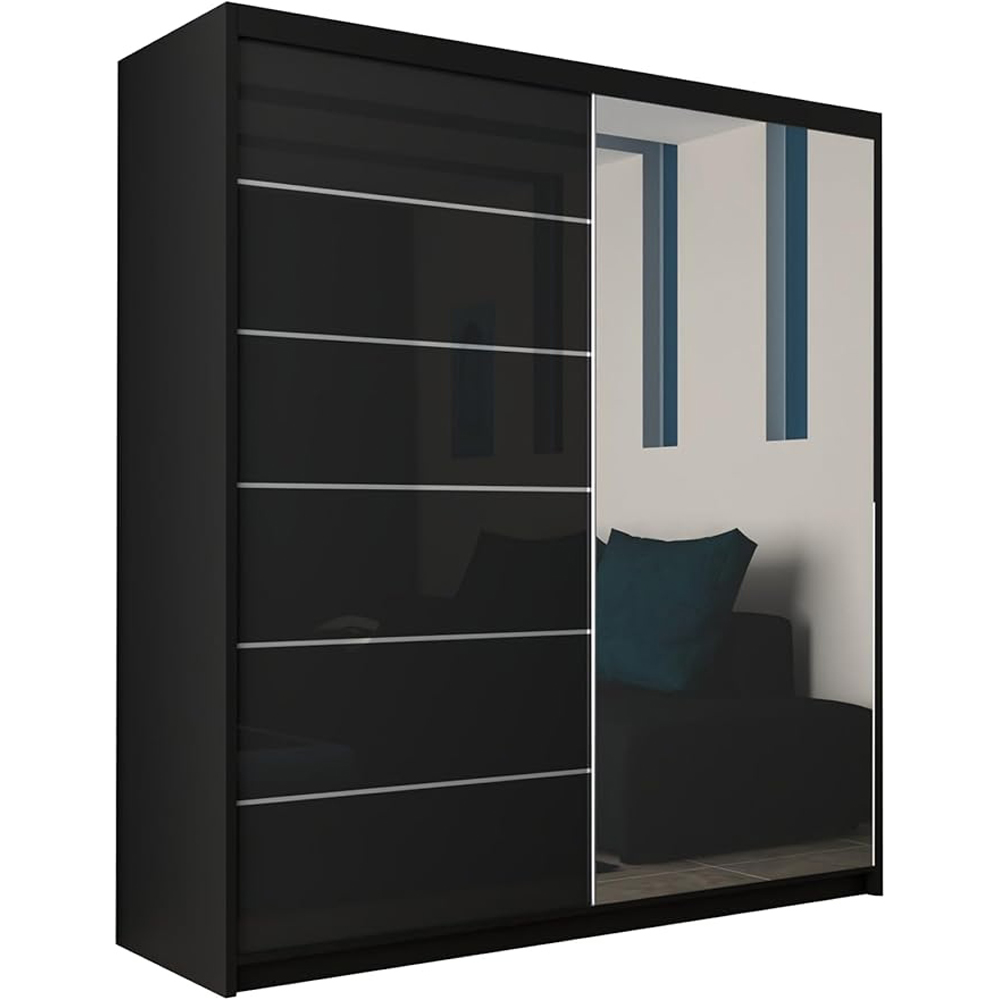 M N Furniture Inovo 2 Door Black High Gloss Mirrored Sliding Wardrobe 200cm Image 2