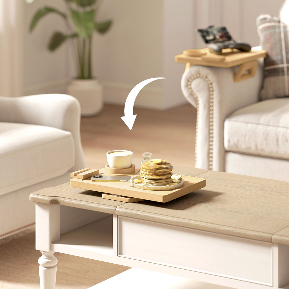 HOMCOM Natural Anti-Slip Sofa Armrest Tray with Phone and Cup Holder Image 8