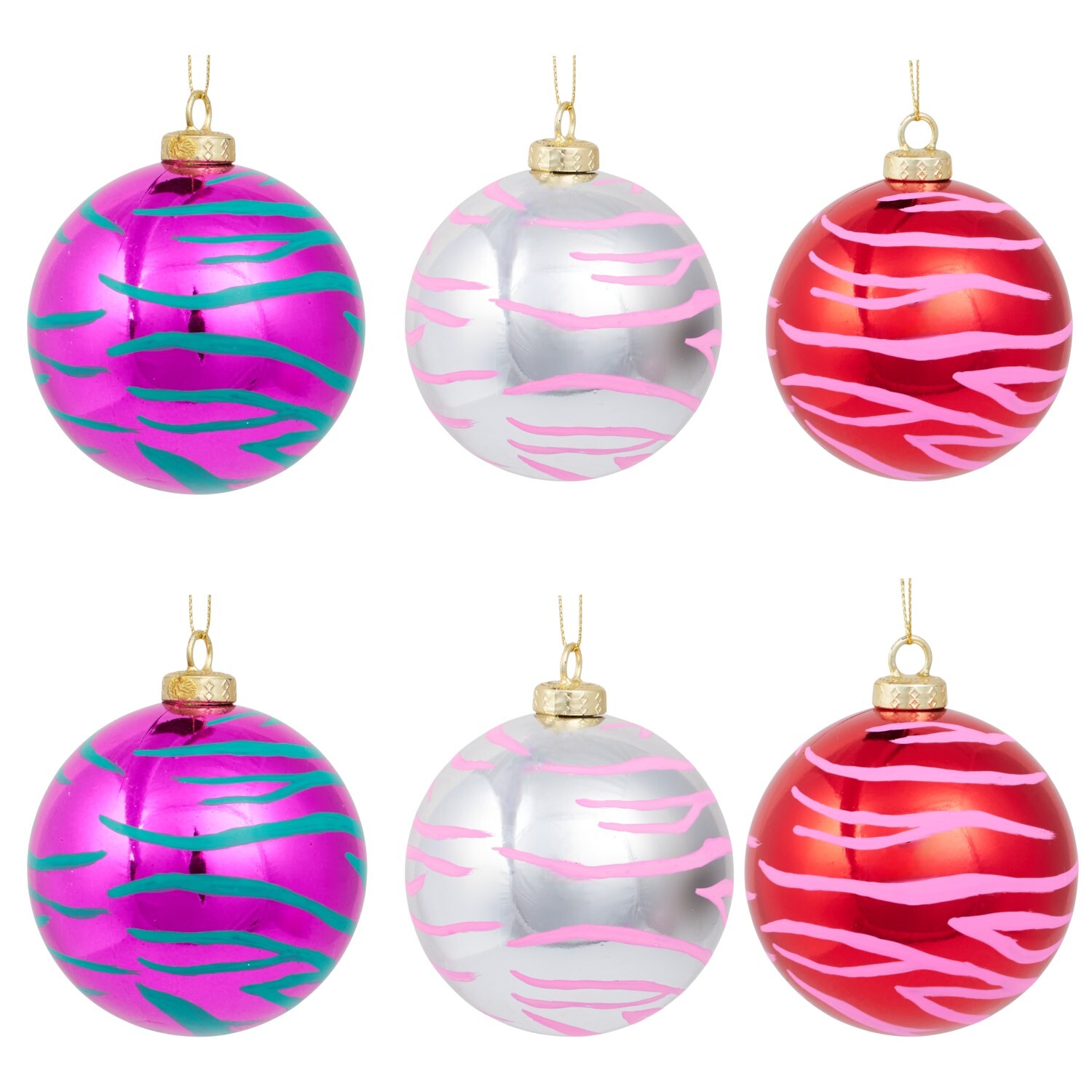 Pack of 6 Colourful Zebra Print Baubles Image 1